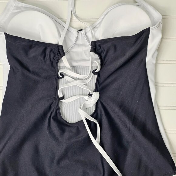 Women's Black & White Push Up Lace Up Back One Piece Swimsuit Size L NWOT - Picture 6 of 11